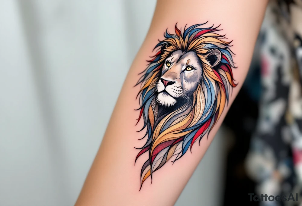 A highly detailed line-art Czech lion, with intricate patterns in its mane and subtle golden, blue, red shading for a regal look. tattoo idea