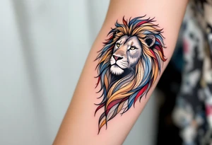 A highly detailed line-art Czech lion, with intricate patterns in its mane and subtle golden, blue, red shading for a regal look. tattoo idea