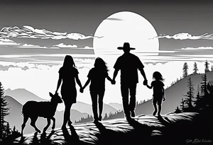 A shadow of a family of four walking through the Pacific northwest landscape. Father, Wife, Son, daughter.
 Faith centered and add Mexican tribal  border with importance of faith tattoo idea