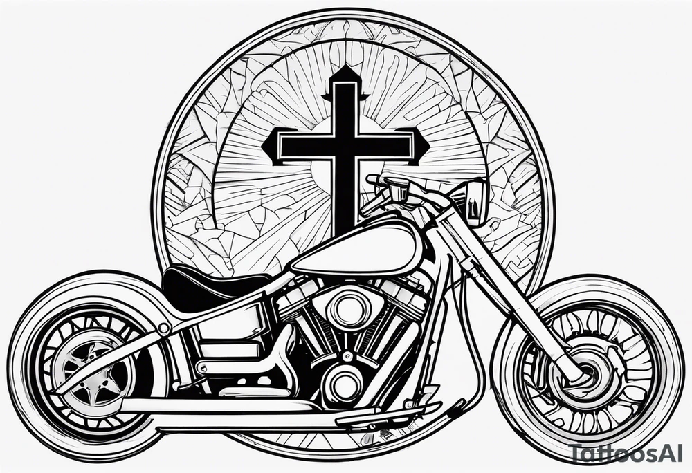 A central cross with the names Kyle Peter Lori on it with lighting a motorcycle and a sunflower around it tattoo idea