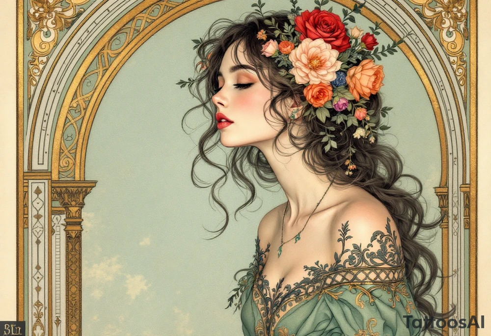 Alfons Mucha’s dreamy portrait of a woman with flowers in her hair, posed against an ornate arch in aged brass and soft sage. tattoo idea