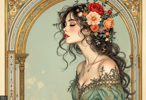 Alfons Mucha’s dreamy portrait of a woman with flowers in her hair, posed against an ornate arch in aged brass and soft sage. tattoo idea