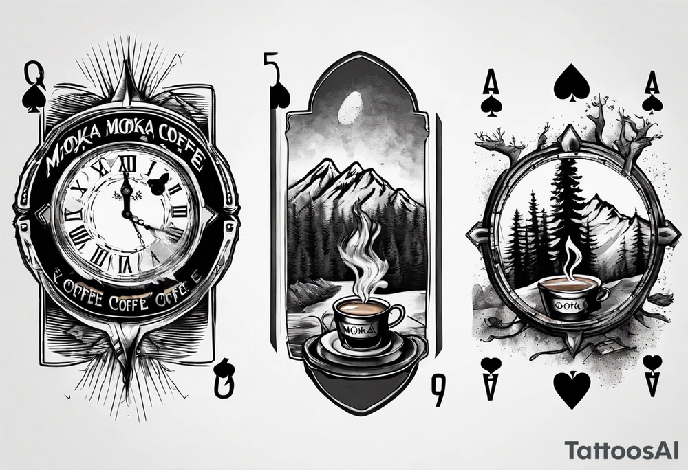 mokka coffee
Old clock at 9:44pm
Forest and mountain
Game of 4 poker cards tattoo idea