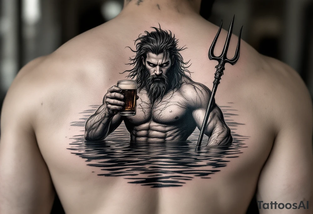 young, fit poseidon in calm water, holding a trident, holding a beer, looking at you tattoo idea