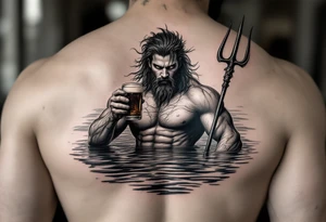 young, fit poseidon in calm water, holding a trident, holding a beer, looking at you tattoo idea