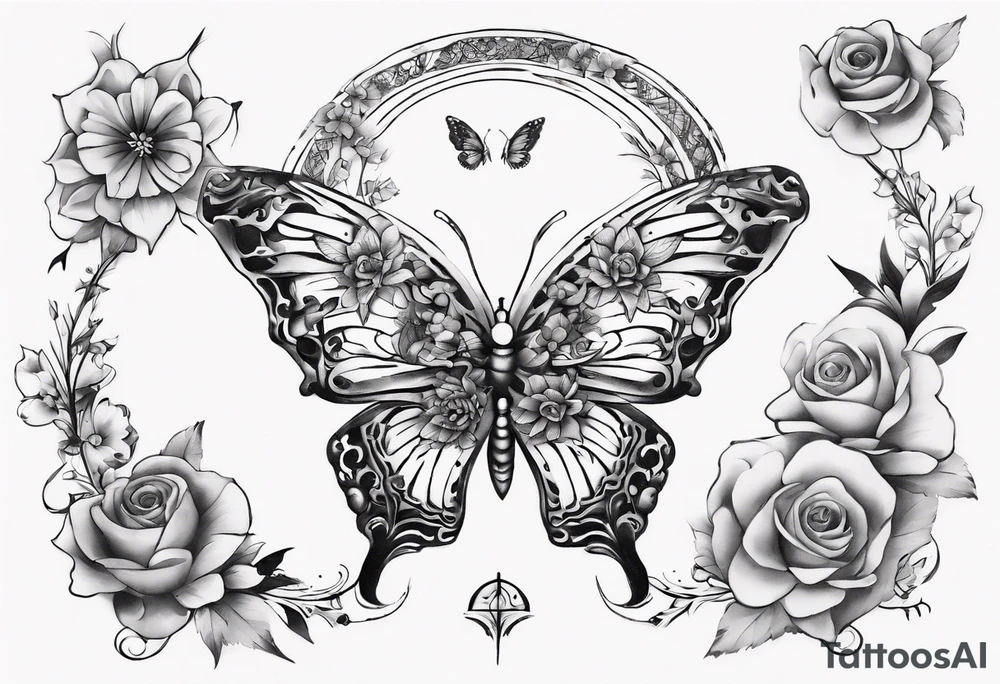 Butterfly wrap tattoos with large centre piece with moon and floral theme. Bracelet around ankle show on higher ankle tattoo idea