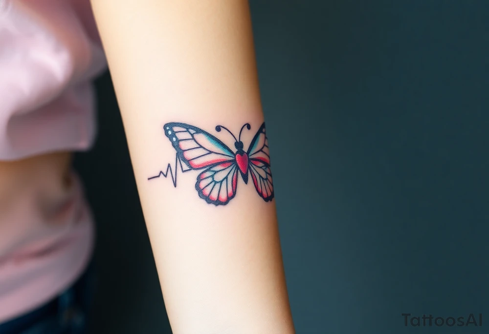 A heartbeat line transforming into a butterfly, with delicate wings painted in pastel pinks and blues, symbolizing transformation and love. tattoo idea