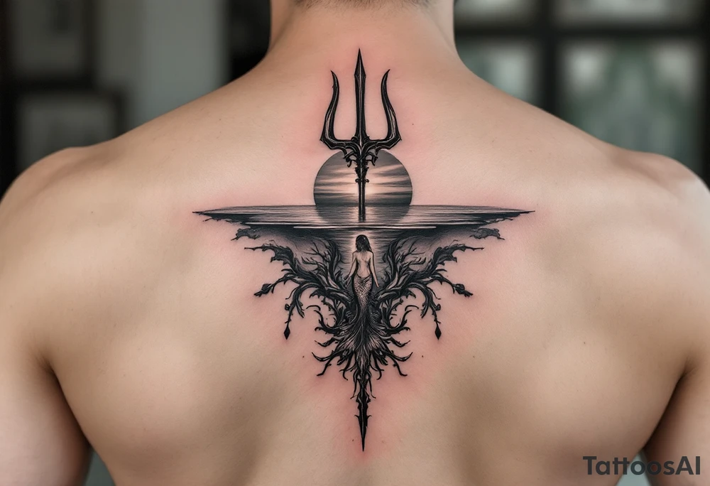trident half way under calm water with sunset and mermaid tattoo idea