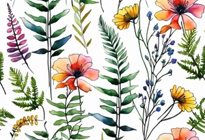 Multi colored wild flowers long stems bouquet with ferns all watercolor tattoo idea