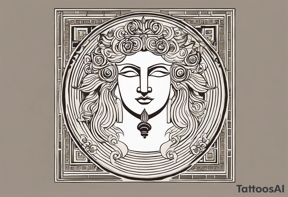 "Craft a minimalist tattoo design in the style of ancient Greek art, featuring Dionysus with his affection for theater. Depict Dionysus in a simplified yet elegant form, reminiscent of classical Greek sculpture, holding a theatrical mask and a goblet of wine. Surround him with subtle geometric patterns or motifs inspired by ancient Greek pottery, such as meanders or key patterns. Ensure the design maintains a minimalist aesthetic while incorporating elements that evoke the sophistication and timelessness of Greek art, capturing Dionysus's connection to both wine and theater in a visually striking manner." tattoo idea