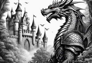 knight, dragon, castle tattoo idea