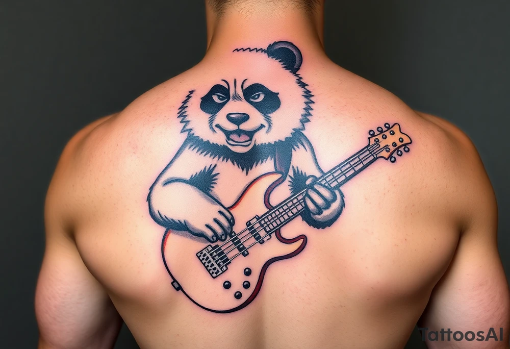 Wrestling panda holding a broken bass guitar and the word creeper tattoo idea
