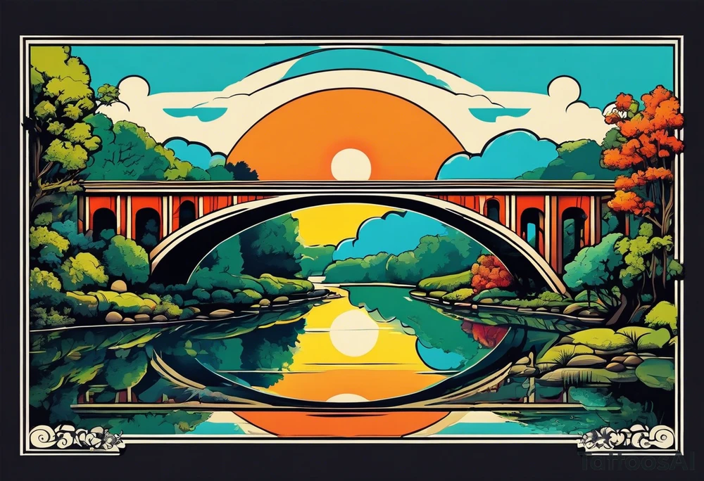 70's poster art, pop art, simple, view from under cantilever bridge tattoo idea