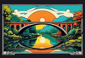 70's poster art, pop art, simple, view from under cantilever bridge tattoo idea