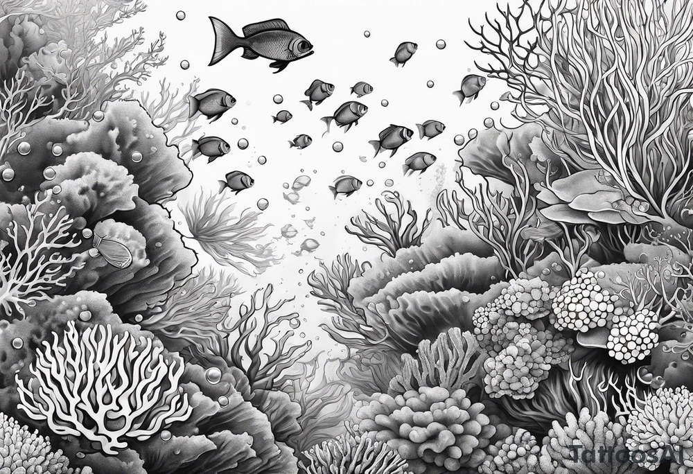 dark 
underwater coral reef with bubbles and fish tattoo idea
