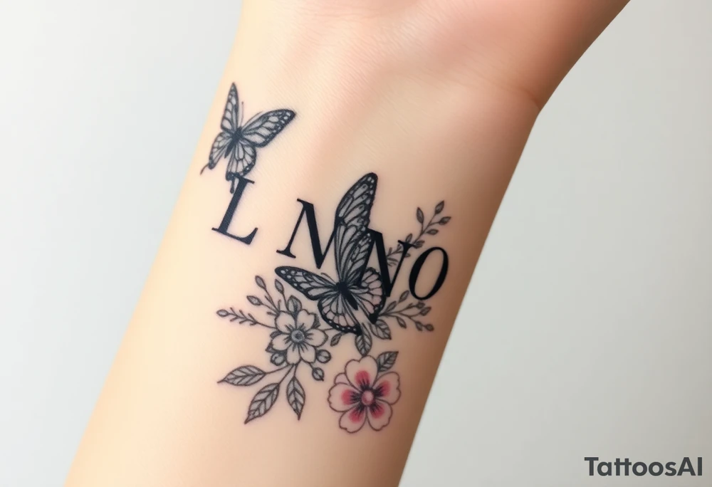 butterflies and flowers 
Letters L,M,N,O,P discreetly hidden among the foliage tattoo idea