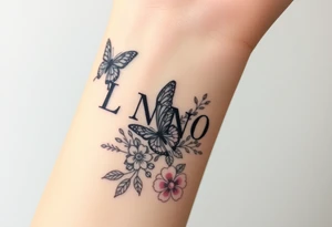 butterflies and flowers 
Letters L,M,N,O,P discreetly hidden among the foliage tattoo idea