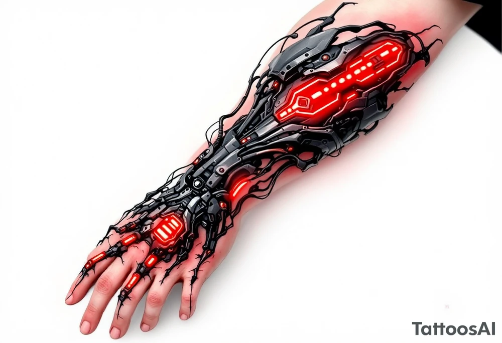 A biomechanical forearm sleeve with blackened steel tendons and pulsing red LED-like highlights under semi-transparent skin. tattoo idea