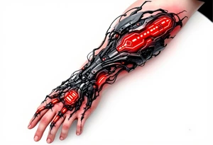 A biomechanical forearm sleeve with blackened steel tendons and pulsing red LED-like highlights under semi-transparent skin. tattoo idea