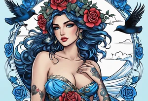 Aphrodite is the goddess of love, with a seaside background, surrounded by birds.. blue roses frames, background blue,present it in a tattoo, black hair tattoo idea