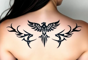 tribal hawk silhouette on below of knee cap tattoo idea