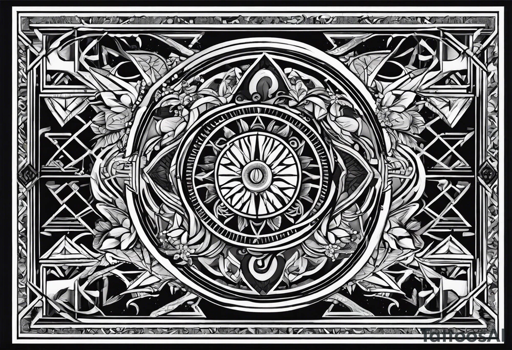 Geometric tapestry with trident and and marathon on arm tattoo idea