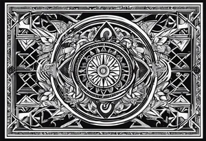 Geometric tapestry with trident and and marathon on arm tattoo idea