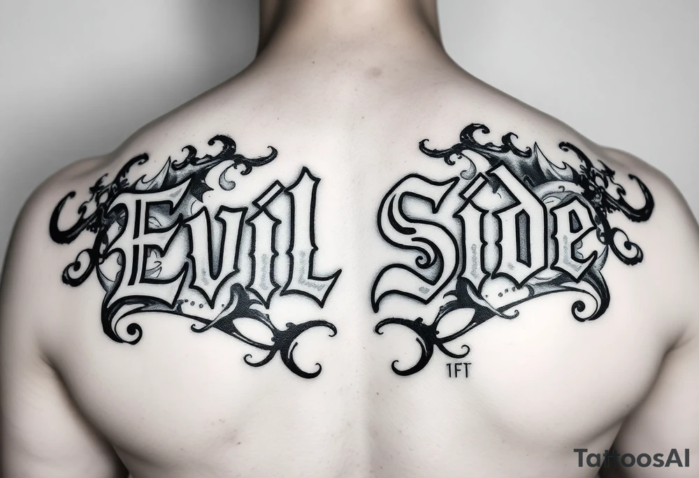 powerful bold cover up saying Evil Side black and white with shading and smokearound it tattoo idea