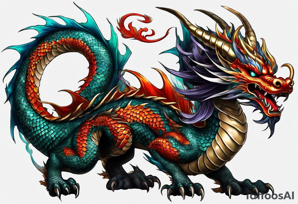 An epic floating asian dragon. Its long body coiling dynamically, with scales and horns detailed to create a sense of movement and strength. The dragon's color is giving a vibrant depth and a mystical aura. This tattoo highlights the dragon’s fierce expression and sharp claws. tattoo idea