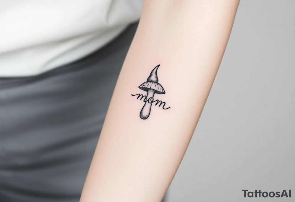 Mushroom with word mom on it with gnome on top tattoo idea