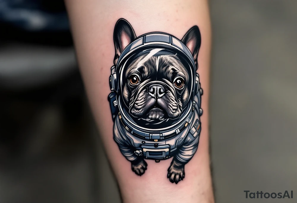 French Bulldog in astronaut gear, floating in space with navy and gray tones; the dog has brindle fur and big curious eyes. tattoo idea