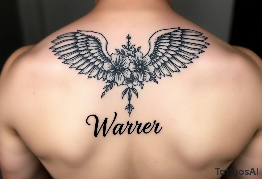 angel wing with flowers and the word Warr;or tattoo idea