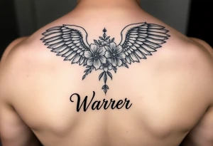 angel wing with flowers and the word Warr;or tattoo idea