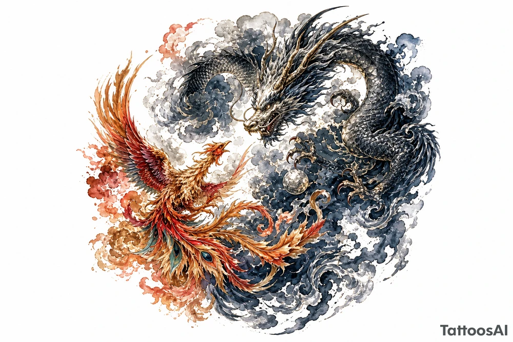 Japanese dragon and phoenix clashing in stormy, dark clouds, traditional ink style. tattoo idea