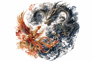 Japanese dragon and phoenix clashing in stormy, dark clouds, traditional ink style. tattoo idea