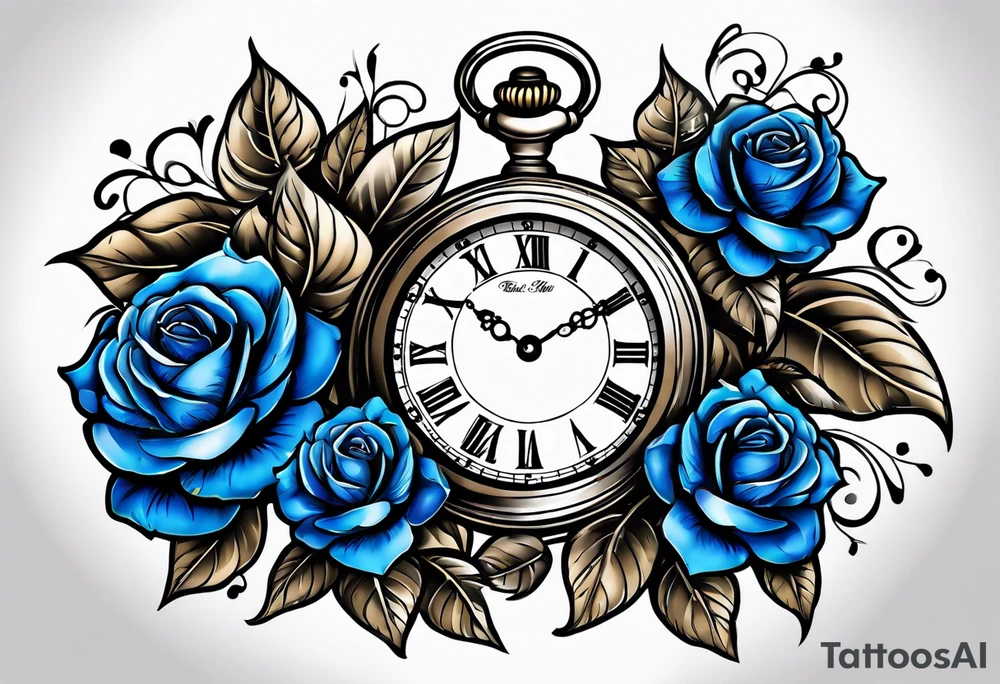 Pocket watch with blue roses tattoo idea
