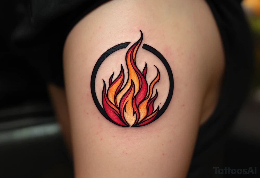A bold and intricate design featuring the Dauntless symbol, a flame inside a circle, with dynamic black lines and red-orange accents that give it an intense, fiery look. The flame can have soft gradients of red, yellow, and orange to create a sense of movement and heat. Black, red, orange, yellow. tattoo idea