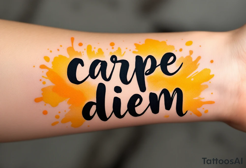 Bold brush-painted black text "carpe diem", surrounded by splashes of golden yellow and orange like a sunrise. tattoo idea