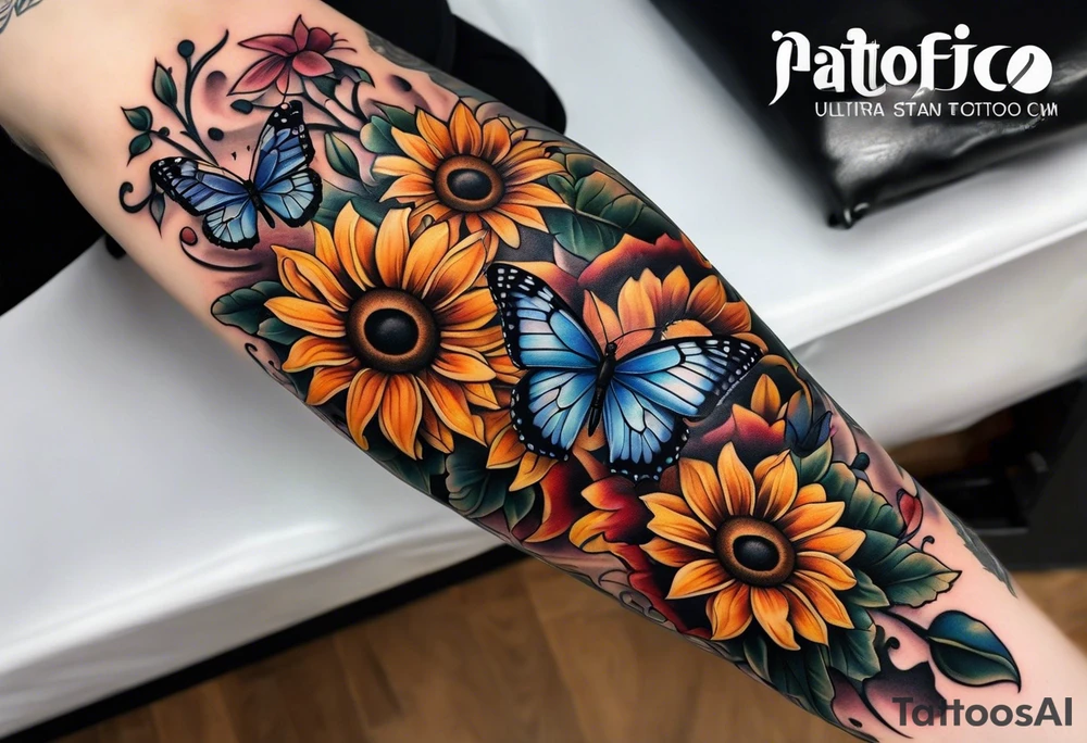 Arm sleeve with sunflowers and butterflies tattoo idea