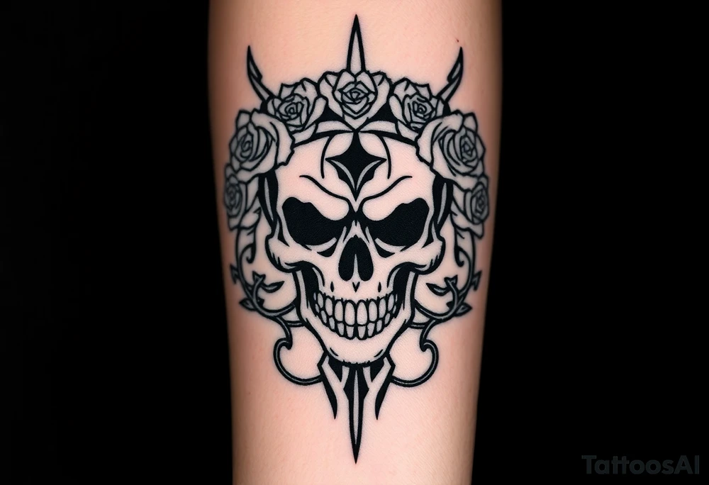 ornate skull adorned with crown of wild roses and thorns tattoo idea