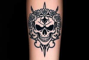 ornate skull adorned with crown of wild roses and thorns tattoo idea