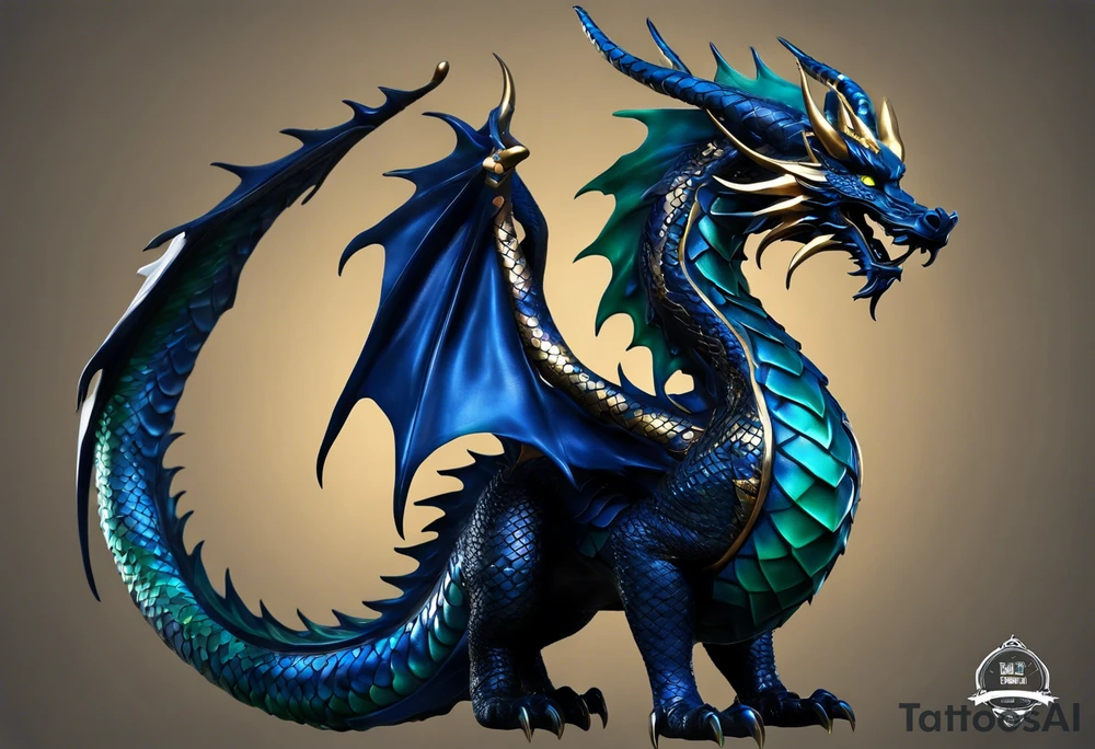 3D Tattoo: An epic with no wings, floating. Its long body coiling dynamically, with scales and horns detailed to create a sense of movement and strength. The dragon's main color is midnight blue but features little accents in dark green and gold, giving a vibrant depth and a mystical aura. This tattoo highlights the dragon’s fierce expression and sharp claws as it wraps protectively around the leg. Style: 3D tattoo idea