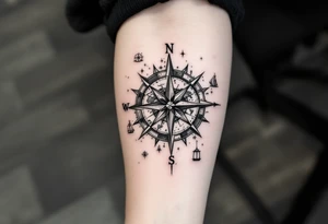 antique compass rose overlaid on weathered world map with sailing ships tattoo idea