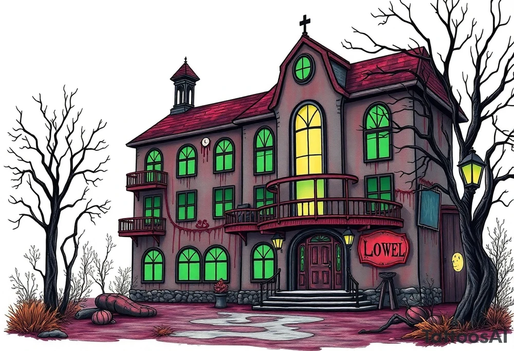 Tim Burton’s sex hotel from outside viewis abandoned and dripping with muted reds, dusty pinks, and eerie green glow. tattoo idea tattoo idea