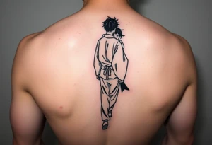 An abstract tattoo of a guy in a kimono walking forward while a girl pushes him from behind. tattoo idea