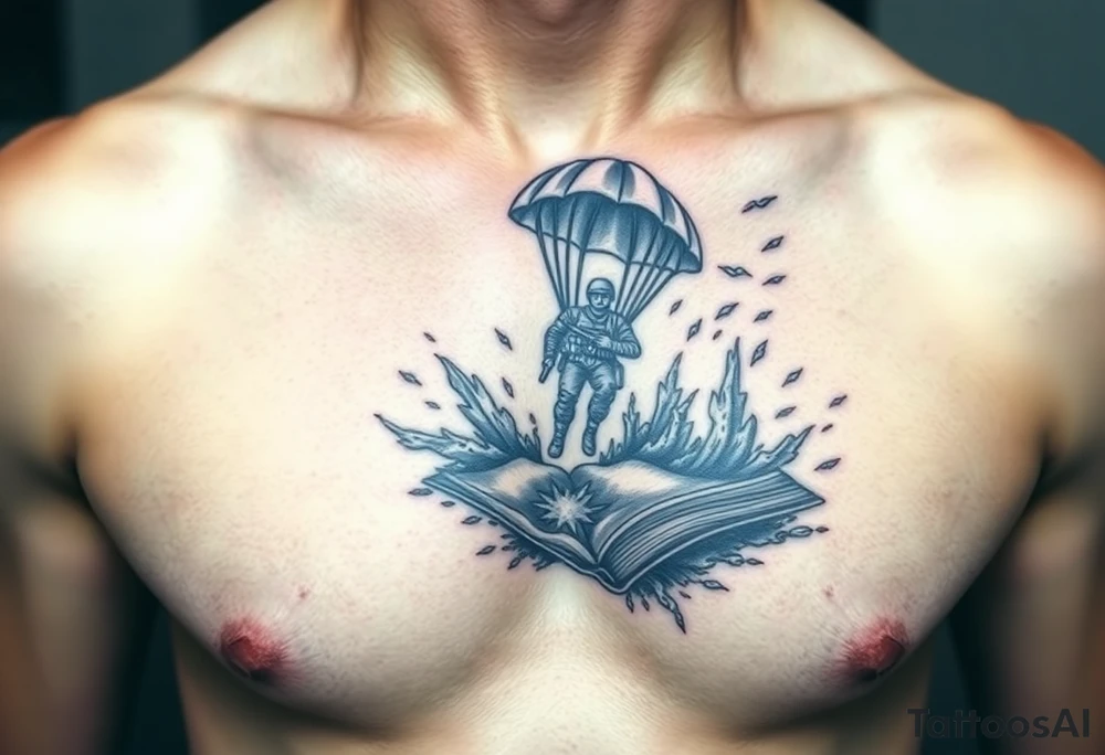 A parachuting soldier landing into an open book. Chaos surrounding, but the book is protecting the soldier from it. On the chest. Make the tattoo smaller. Make it thought provoking. Make the chaos in the environment be an eerie mist. Make the pages in the book be blank. Just one soldier, no other characters. the book is old. tattoo idea