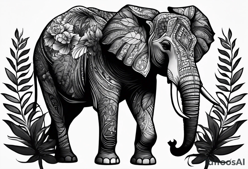 “A majestic elephant with its trunk raised, surrounded by tropical foliage, symbolizing memory and strength tattoo idea