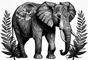 “A majestic elephant with its trunk raised, surrounded by tropical foliage, symbolizing memory and strength tattoo idea