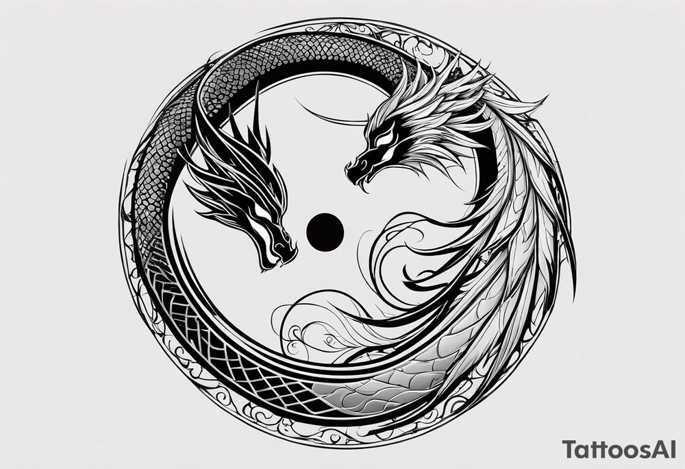 For a Gen Z-inspired dragon and phoenix tattoo, think of a clean, minimalist design that combines symbolism with bold, sleek lines. Imagine a dragon and phoenix spiraling together in a yin-yang-inspired layout. The dragon has a slightly abstract, modern shape, with sharp, flowing lines to show power, resilience, and wisdom, while the phoenix is rendered with sweeping curves and minimal detailing, symbolizing rebirth, growth, and transformation.

Both creatures should interact harmoniously, representing balance and duality. To keep it meaningful, focus on line work rather than intricate shading—clear, open spaces allow the tattoo to feel light and energetic. Adding small symbols, like stars or a faint galaxy backdrop, can enhance the "rising from ashes" and "strength through challenge" themes. This design will appeal timelessly while resonating with Gen Z’s love for symbolism and simplicity. tattoo idea