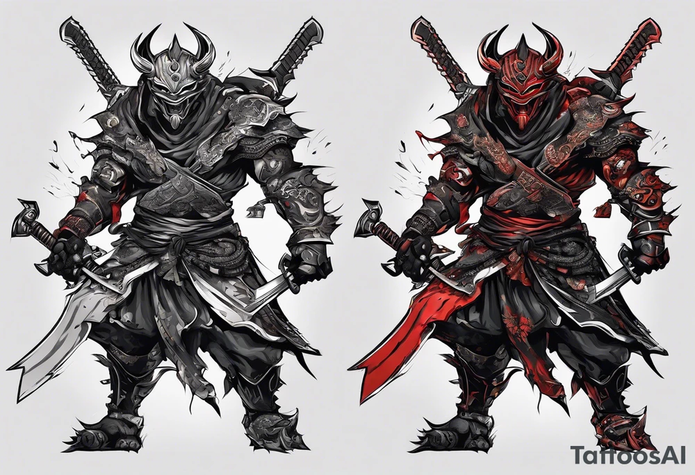 Angry robot demon ninja with demon mask with huge sword fighting in war tattoo idea